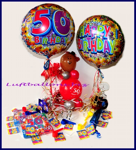 zum 50. Geburtstag: Party- und Festdekoration aus Helium-Luftballons, Latexballons, Geburtstagsservietten, Fahnenkette, Luftrüssel und Zahlen-Wunderzen