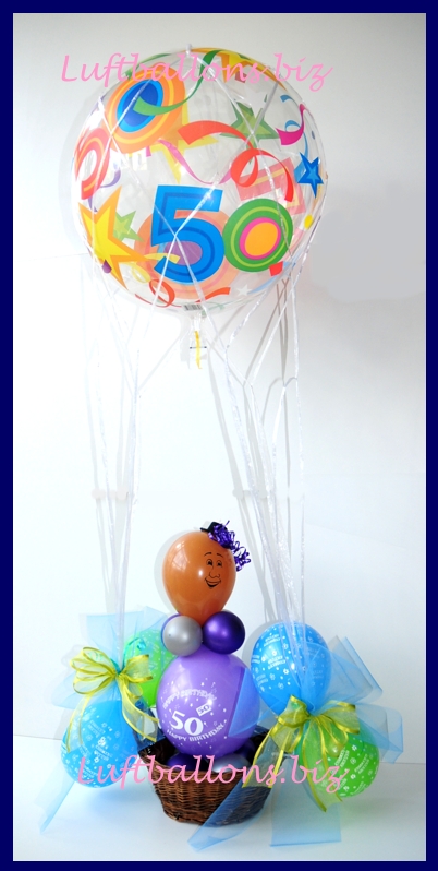 Fesselballon mit Korb, Dekoration zum 50. Geburtstag, Geschenkverpackung